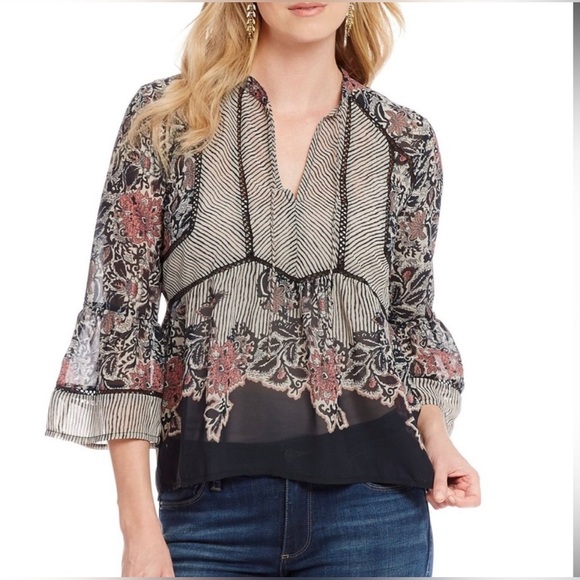 Lucky Brand Plus Sheer Mixed Print Bell Sleeve Peplum Peasant Top 2X Cottage - Picture 3 of 16